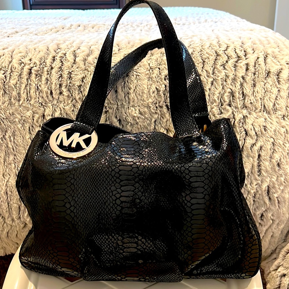 Michael Kors Fulton Black Snake skin Genuine Leather Tote Bag with Gold …